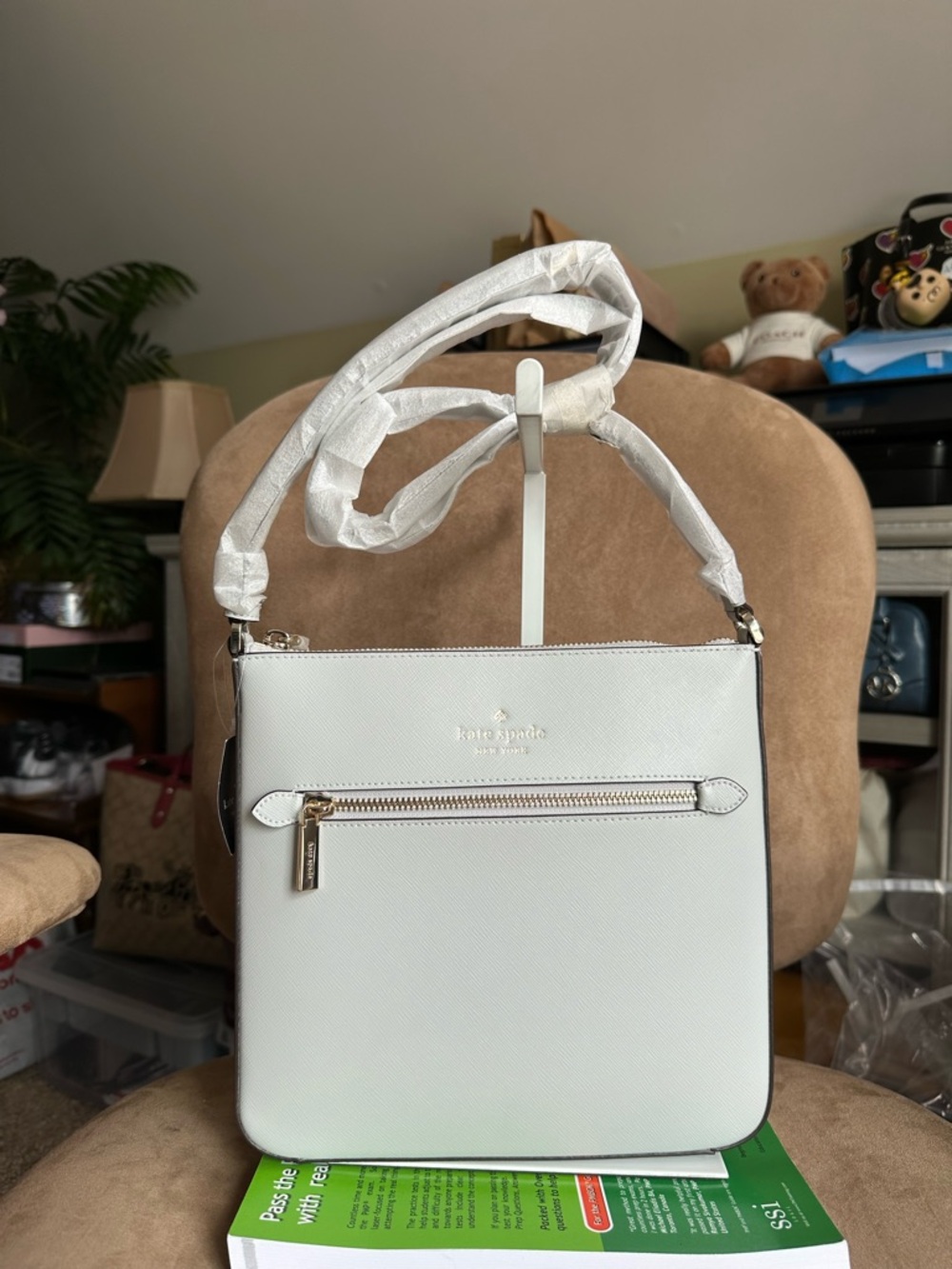 kate spade Sadie Saffiano Leather Crossbody Bag Stone Path Color New with Tag